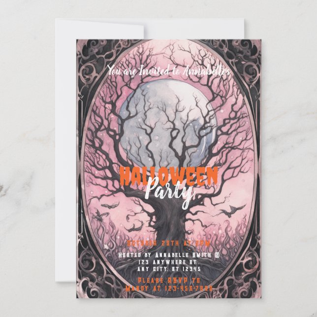Spooky Tree Full Moon Pink Sky Halloween Party Invitation (Front)