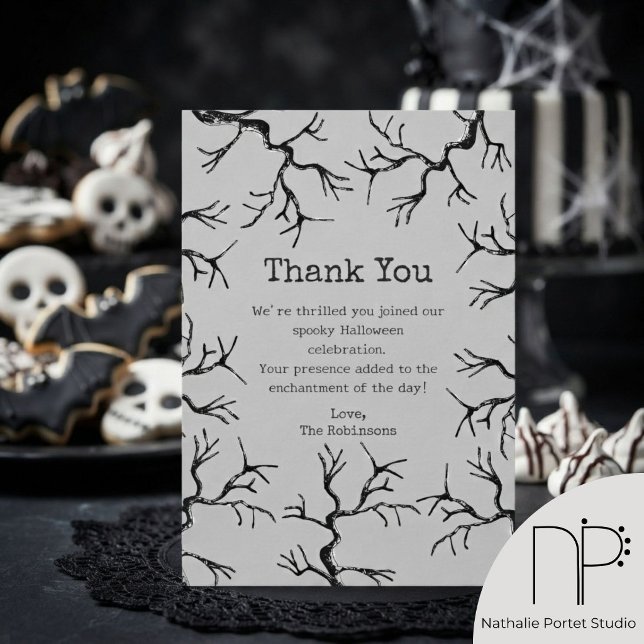 Spooky Tree Halloween Thank You Card (hand-drawn fine-line spooky old oak tree halloween thank you greeting card)