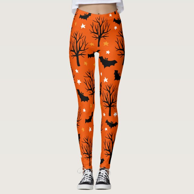 Spooky Trees and Bats Halloween Pattern Leggings (Front)