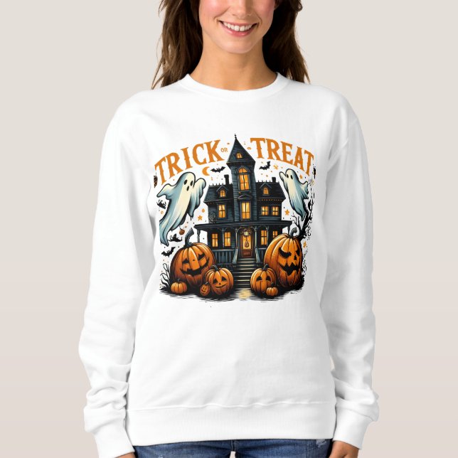 Spooky trick-or-treat at an old mansion sweatshirt (Front)