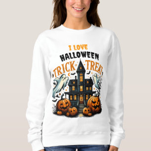 Spooky trick-or-treat at an old mansion sweatshirt
