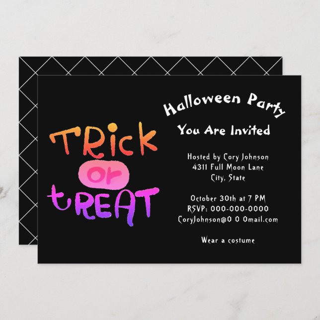 Spooky Trick or Treat Black White Halloween Party Invitation (Front/Back)