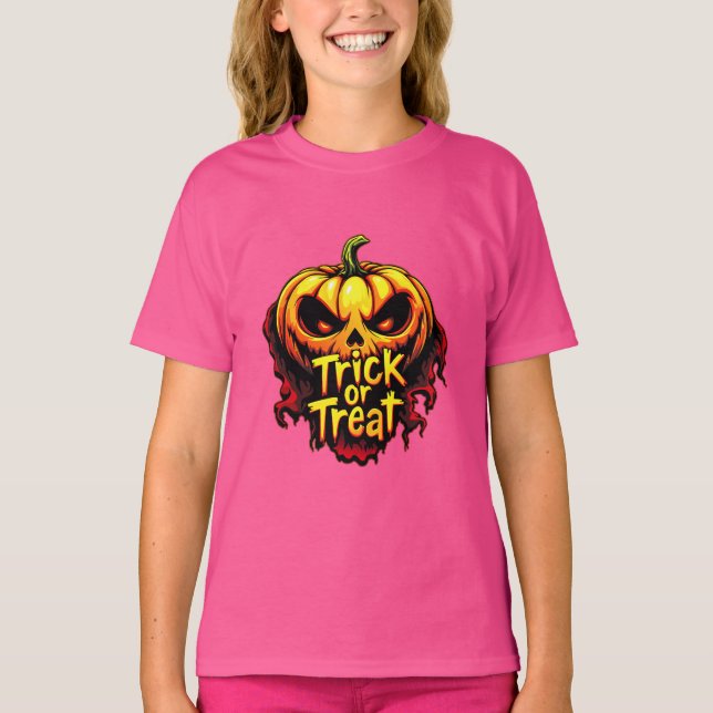 Spooky "Trick or Treat" Pumpkin Halloween Art T-Shirt (Front)