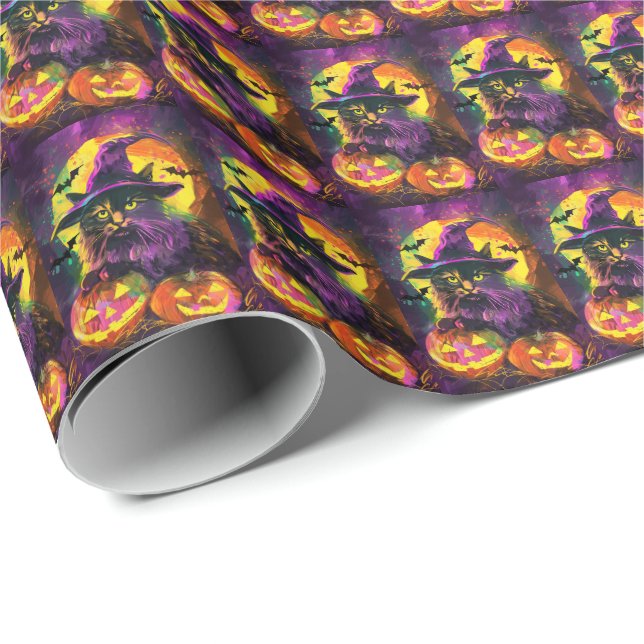 Spooky Turkish Angora Cat Halloween Witch Pumpkin Wrapping Paper (Roll Corner)