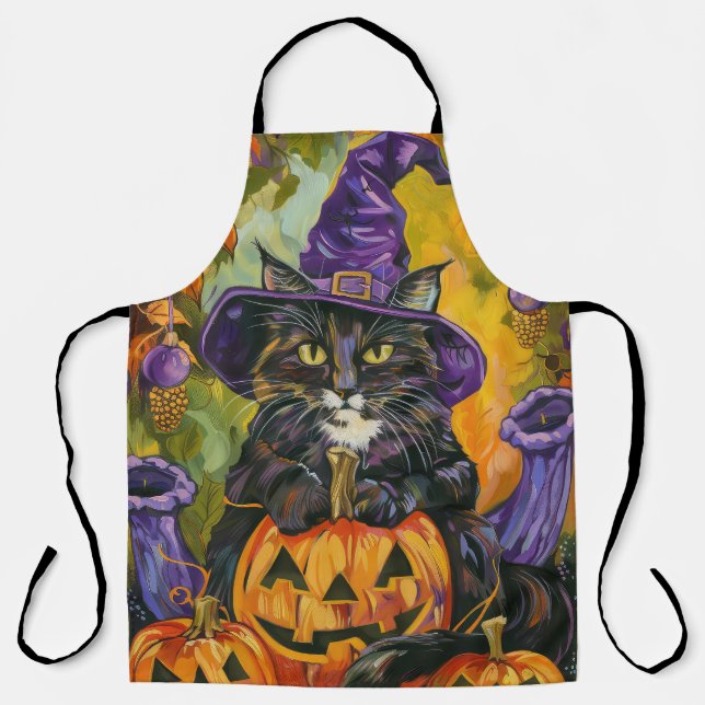 Spooky Tuxedo Cat Halloween Witch And Pumpkin Apron (Front)