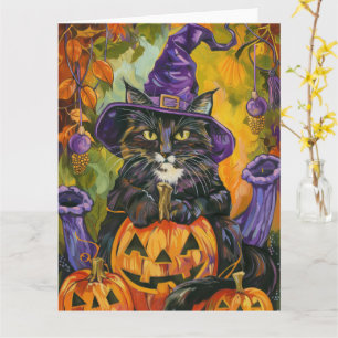 Spooky Tuxedo Cat Halloween Witch And Pumpkin  Card
