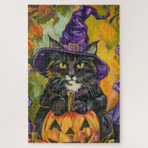 Spooky Tuxedo Cat Halloween Witch And Pumpkin Jigsaw Puzzle