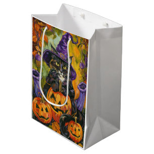 Spooky Tuxedo Cat Halloween Witch And Pumpkin Medium Gift Bag