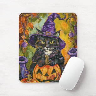 Spooky Tuxedo Cat Halloween Witch And Pumpkin Mouse Pad