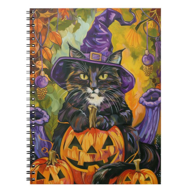 Spooky Tuxedo Cat Halloween Witch And Pumpkin Notebook (Front)