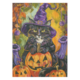 Spooky Tuxedo Cat Halloween Witch And Pumpkin Tablecloth