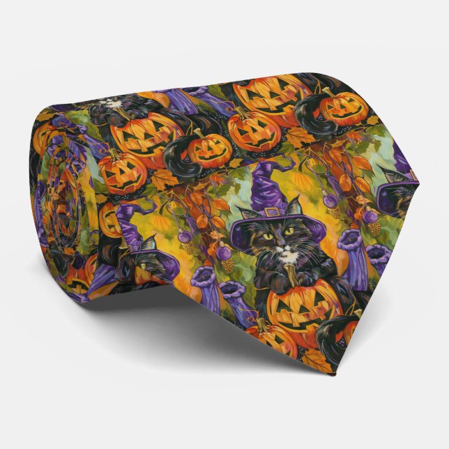 Spooky Tuxedo Cat Halloween Witch And Pumpkin Tie (Rolled)