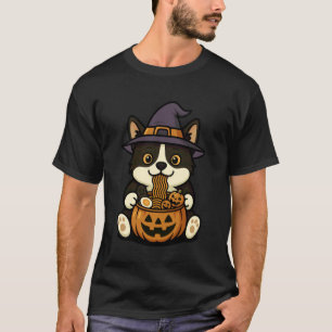 Spooky Tuxedo Cat Pumpkin Japanese Ramen Noodles T-Shirt