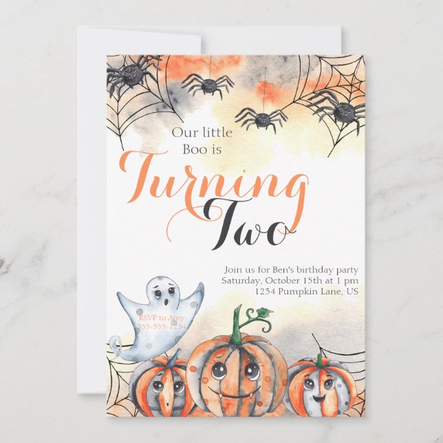 Spooky Two Watercolor Halloween 2nd Birthday Invitation (Front)
