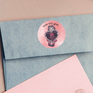 Spooky Valentine Doll With Black Heart on Pink Red Classic Round Sticker