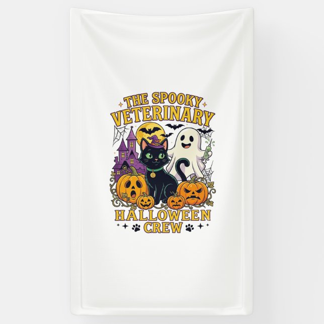 Spooky Veterinary Halloween Crew Black Cat Ghost P Banner (Vertical)