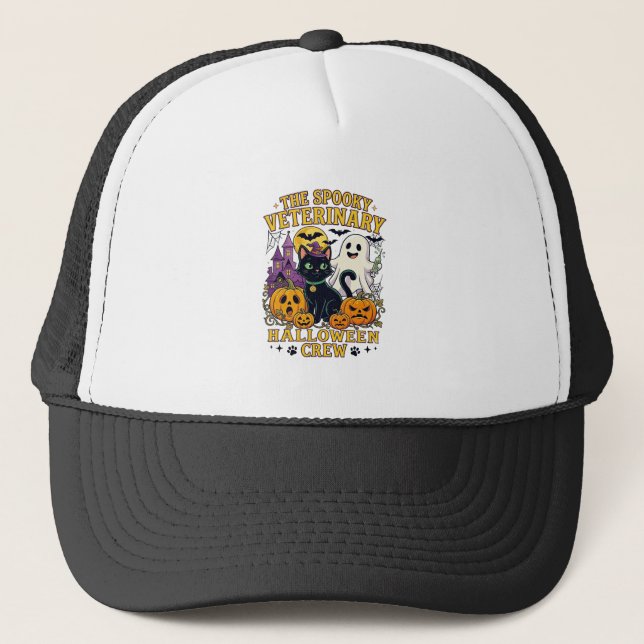 Spooky Veterinary Halloween Crew Black Cat Ghost P Trucker Hat (Front)