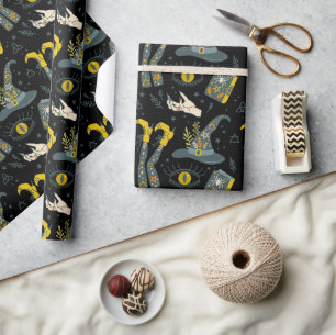 Spooky vibe colourful halloween symbols pattern wrapping paper