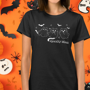 Spooky Vibes Cat Ghosts Black and White T-Shirt
