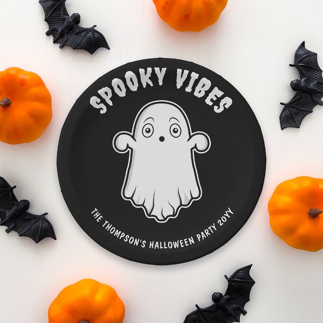 Spooky Vibes Cute Ghost Halloween Black And White Paper Plate (Ideal design for a spooky Halloween party featuring a cute ghost. Personalize with your custom text!)