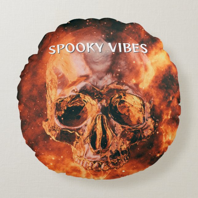 Spooky Vibes. Flaming skull in space Round Cushion (Front)