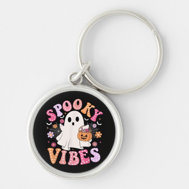 Spooky Vibes Ghost Retro Groovy Halloween Key Ring (Front)