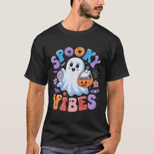 Spooky Vibes Ghost Retro Groovy Halloween Kids Gir T-Shirt
