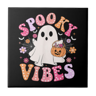 Spooky Vibes Ghost Retro Groovy Halloween Tile