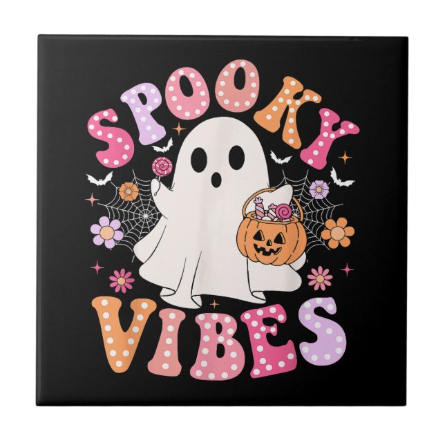 Spooky Vibes Ghost Retro Groovy Halloween Tile (Front)