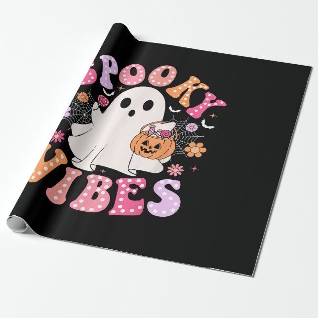 Spooky Vibes Ghost Retro Groovy Halloween Wrapping Paper (Unrolled)