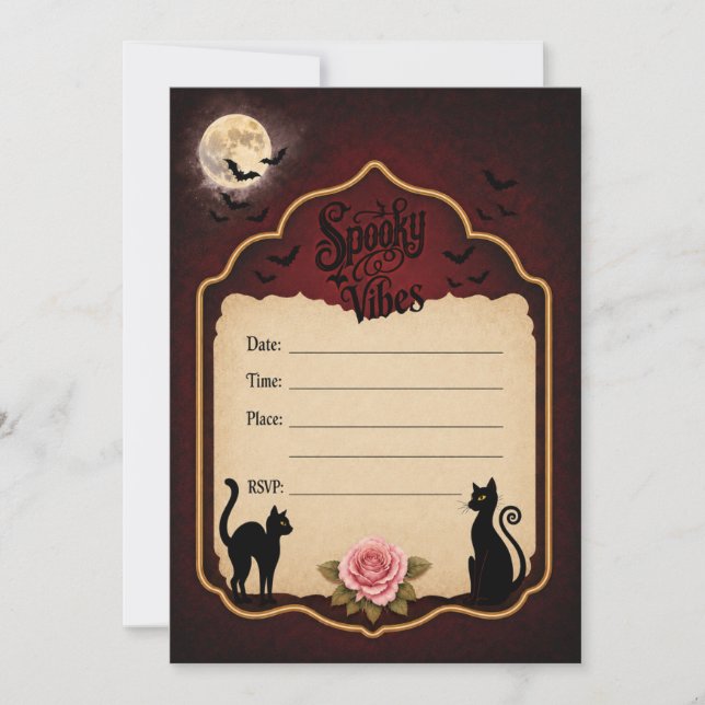 Spooky Vibes Gothic Black Cat Halloween Invitation (Front)