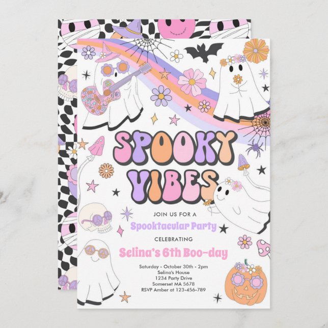 Spooky Vibes Halloween Cute Groovy Ghost Birthday Invitation (Front/Back)