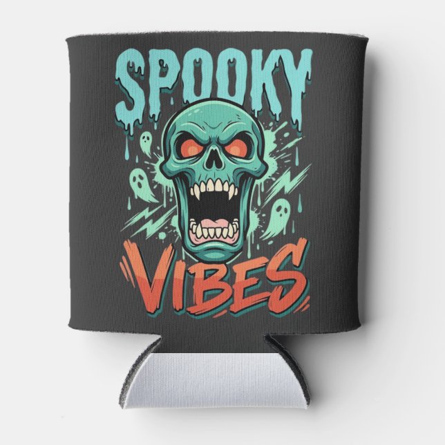 Spooky Vibes Halloween Ghost Skull Design_1 Can Cooler (Front)