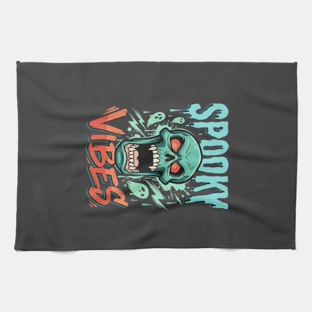 Spooky Vibes Halloween Ghost Skull Design_1 Tea Towel (Horizontal)