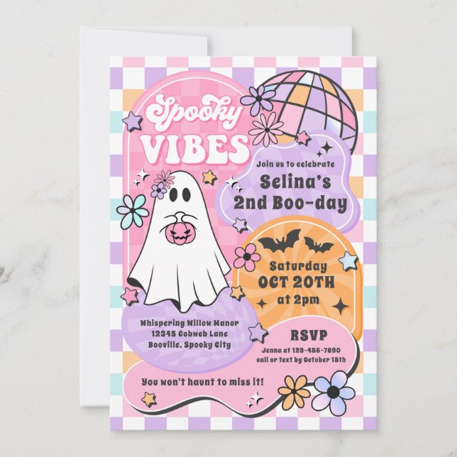 Spooky Vibes Halloween Groovy Ghost Birthday Party Invitation (Front)