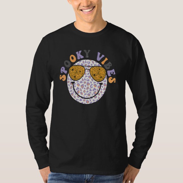 Spooky Vibes  Happy Face Leopard Pattern Trendy T-Shirt (Front)