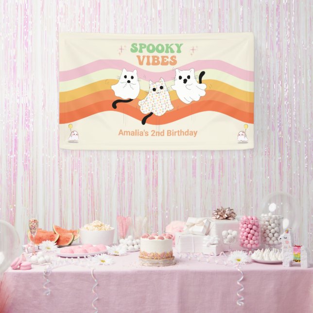Spooky Vibes Retro Halloween Ghost Birthday Banner (Party)