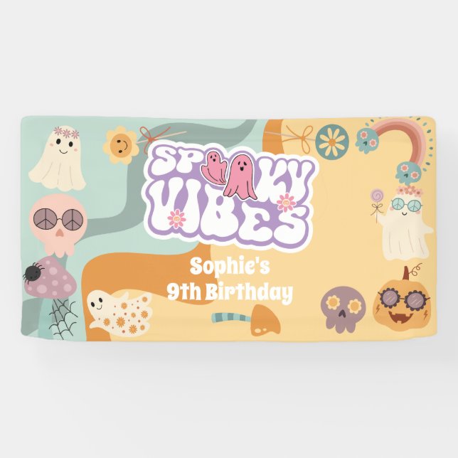 Spooky vibes retro vintage halloween kids birthday banner (Horizontal)