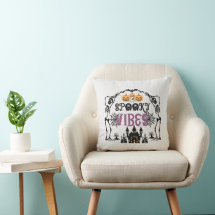 Spooky Vibes Skeletons Bats Skulls Grey Halloween Cushion