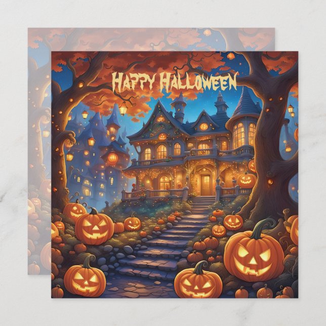 Spooky villa in the forest, pumpkins, Halloween (Front/Back)