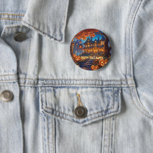 Spooky villa in the forest, pumpkins, Halloween 6 Cm Round Badge