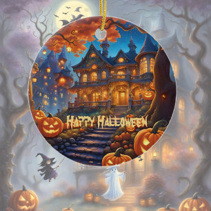 Spooky villa in the forest, pumpkins, Halloween Ceramic Tree Decoration