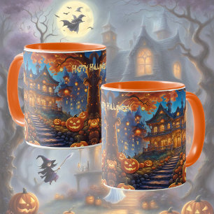 Spooky villa in the forest, pumpkins, Halloween Mug