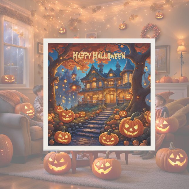 Spooky villa in the forest, pumpkins, Halloween Napkin (Creator Uploaded)