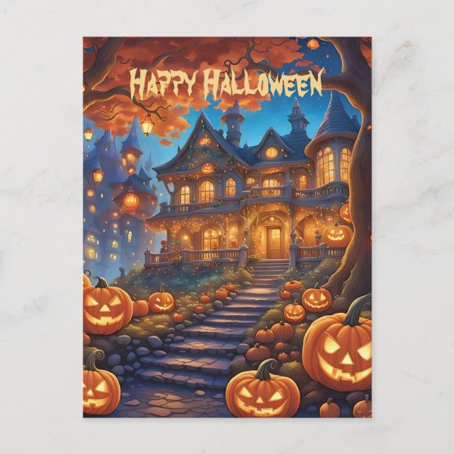 Spooky villa in the forest, pumpkins, Halloween Postcard (Front)