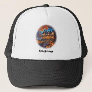 Spooky villa in the forest, pumpkins, Halloween Trucker Hat