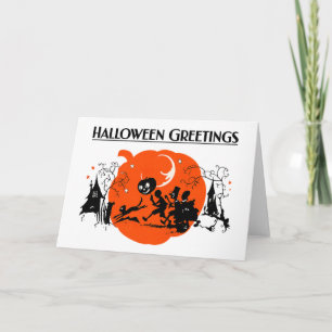 Spooky Vintage Art Deco Black Cat Halloween Parade Card