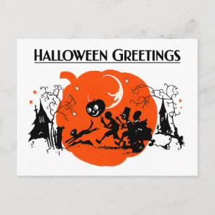 Spooky Vintage Art Deco Black Cat Halloween Parade Postcard