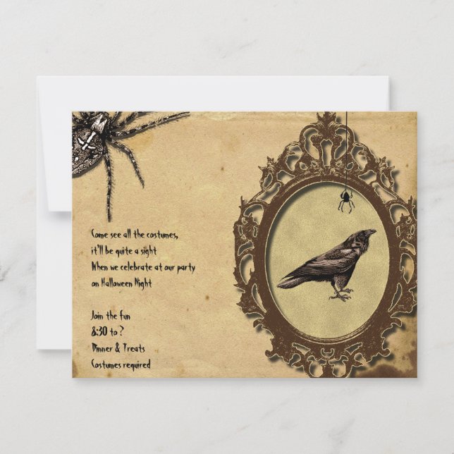 Spooky Vintage Raven Spider Halloween Invitation (Front)
