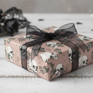 Spooky Vintage Rose Floral Small Skull Halloween Wrapping Paper